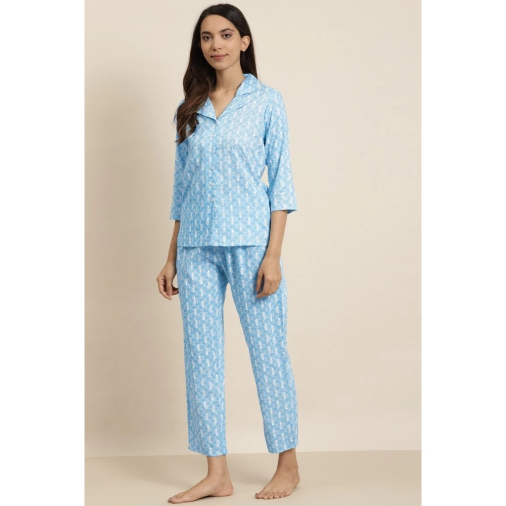 Generic Women's Casual 3/4 th Sleeve Floral Printed Rayon Shirt With Pyjama Pant Night Suit Set (Blue)