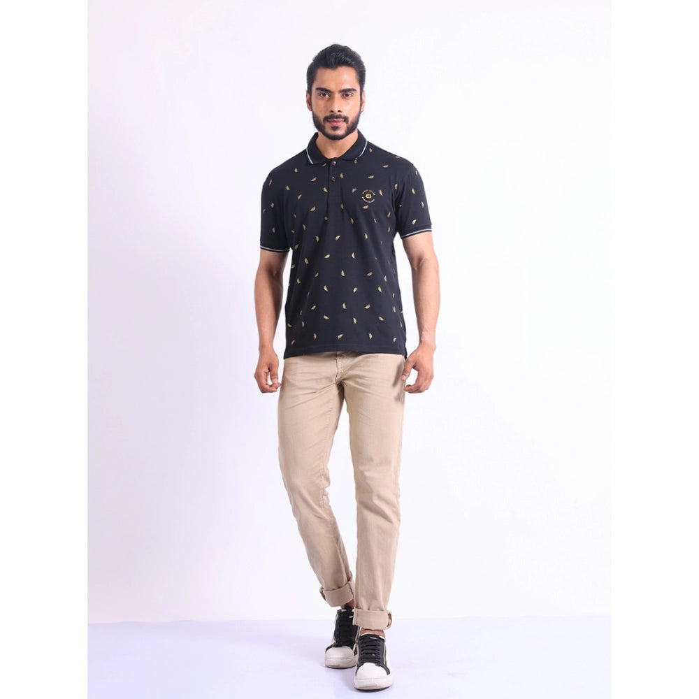 Generic Men's Casual Cotton Printed Polo Neck Half Sleeve T-Shirt (Black)