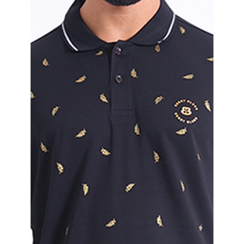 Generic Men's Casual Cotton Printed Polo Neck Half Sleeve T-Shirt (Black)