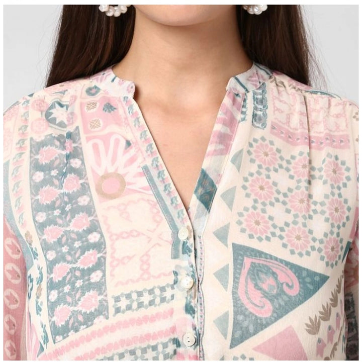 Generic Women's Polyester Printed Long Sleeves Above Knee Dress (Light Pink - Off White)