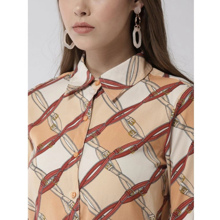 Generic Women's Polyester Printed Roll Up Sleeve Above Knee Dress (Off White - Brown)