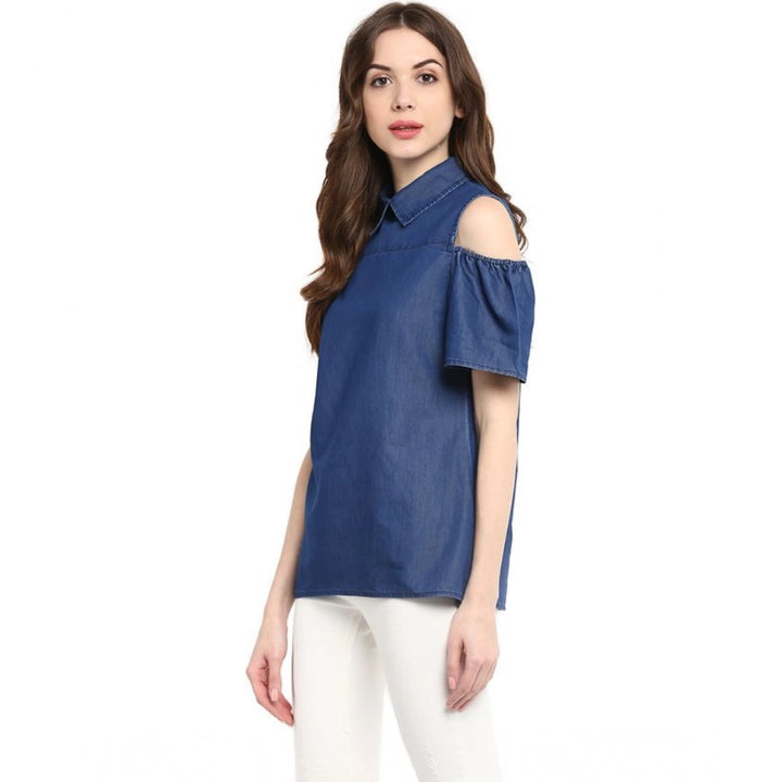 Generic Women's Denim Solid Cold Shoulder Regular Top (Blue)