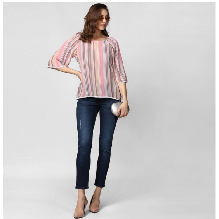 Generic Women's Polyester Striped 3-4th Sleeves Top (Pink)