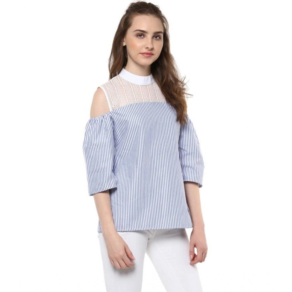 Generic Women's Cotton Striped Cold Shoulder Top (Blue)