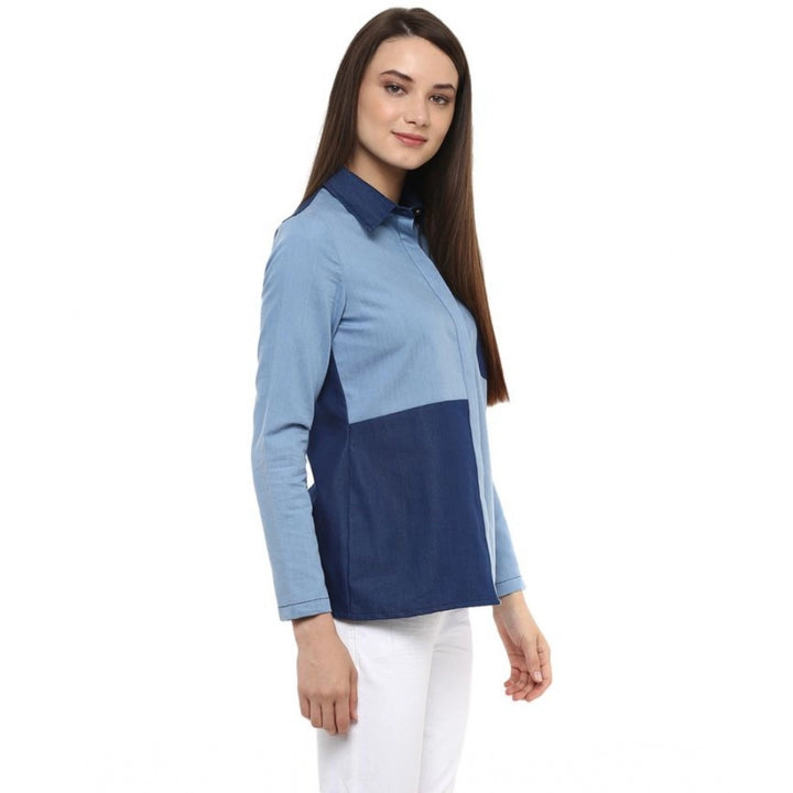 Generic Women's Denim Patch Work Long Sleeves Regular Top (Blue)