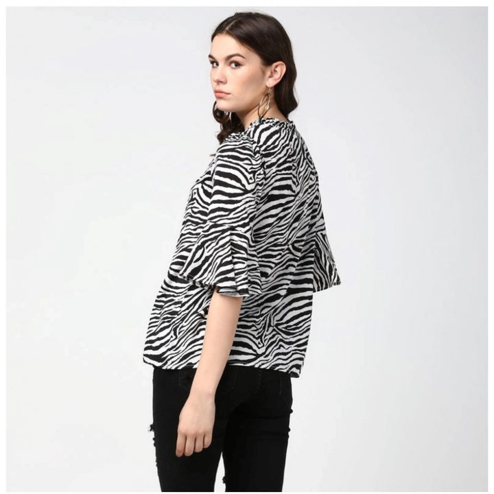 Generic Women's Polyester Animal Print Bell Sleeve Top (Black - White)