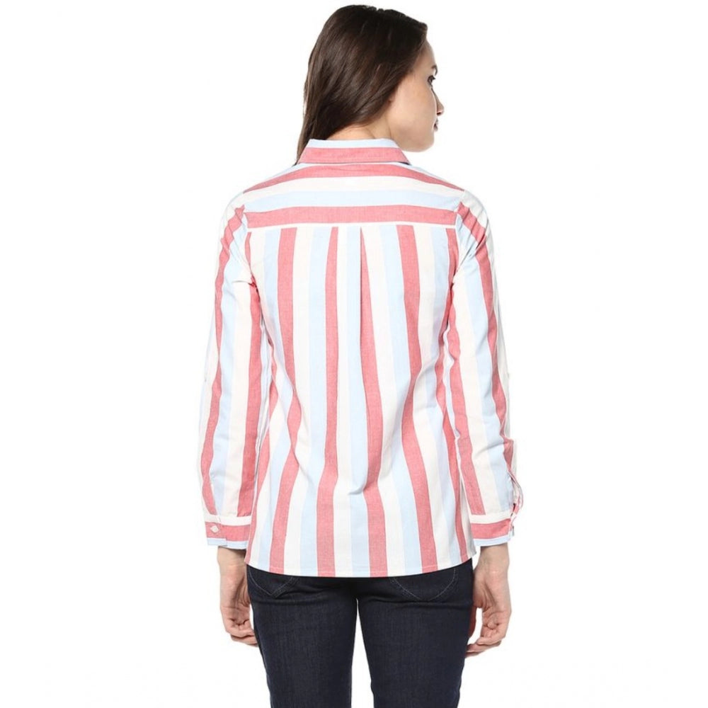 Generic Women's Cotton Striped Roll Up Sleeve Regular Top (Red)