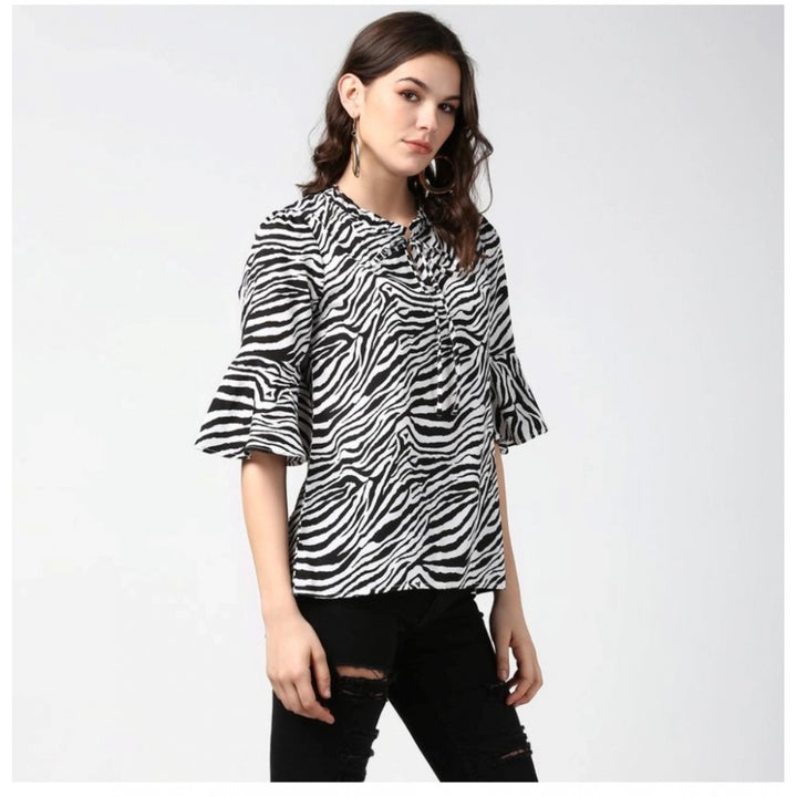 Generic Women's Polyester Animal Print Bell Sleeve Top (Black - White)