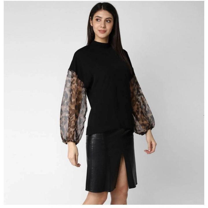 Generic Women's Polyester Animal Print Long Sleeves Top (Black)