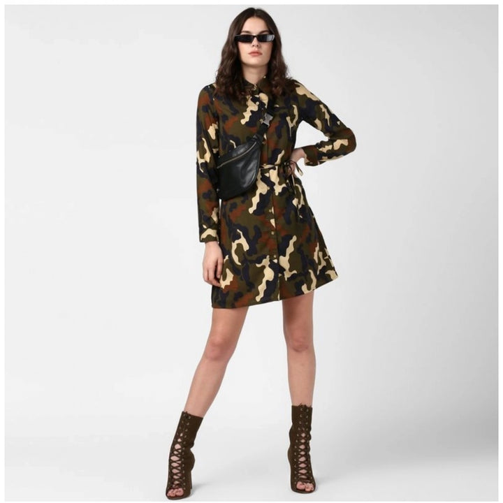 Generic Women's Polyester Printed Roll Up Sleeve Tunic Top (Green - Black)