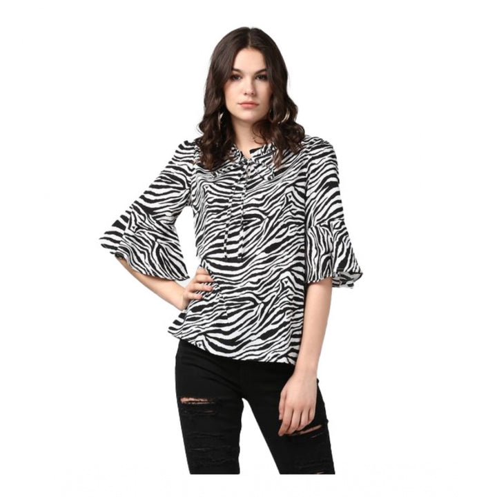 Generic Women's Polyester Animal Print Bell Sleeve Top (Black - White)