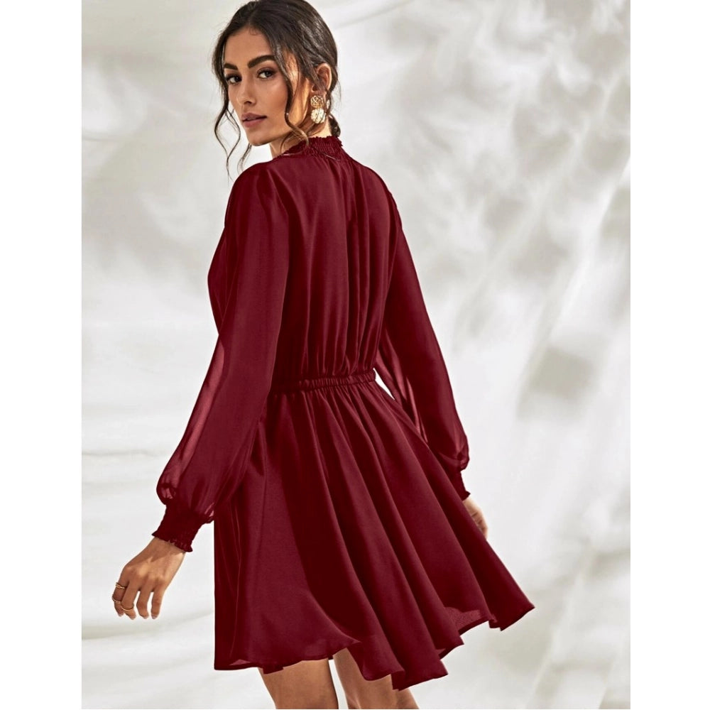 Generic Women's Fox Georgette Solid High Neck Full Sleeve Dress (Maroon)