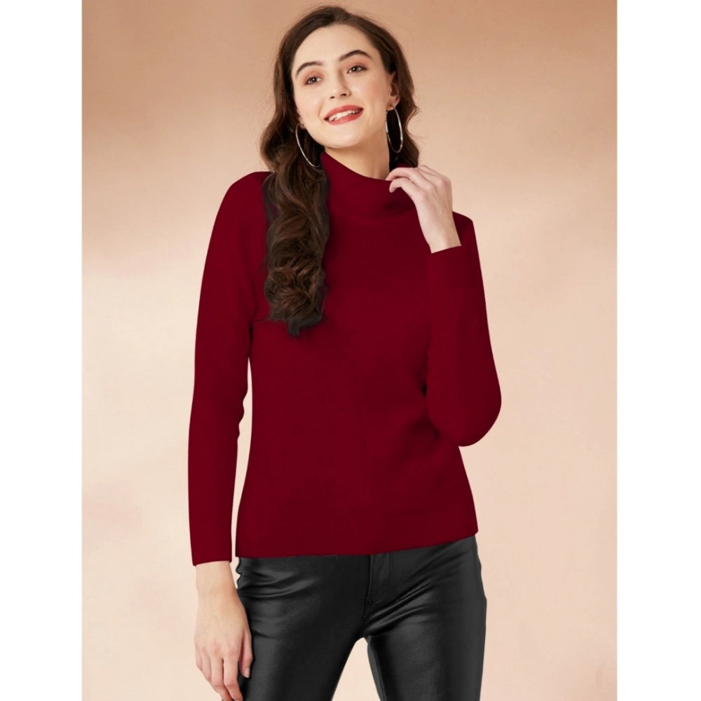 Generic Women's Polyester Solid High Neck Full Sleeve T-Shirt (Maroon)