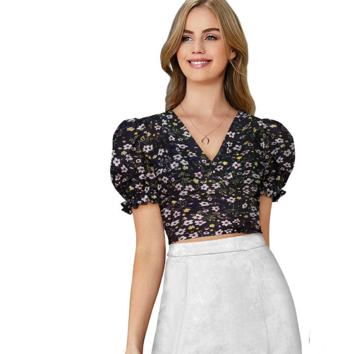 Generic Women's Knitting Printed V-Neck Puff Sleeve Tops (Black)