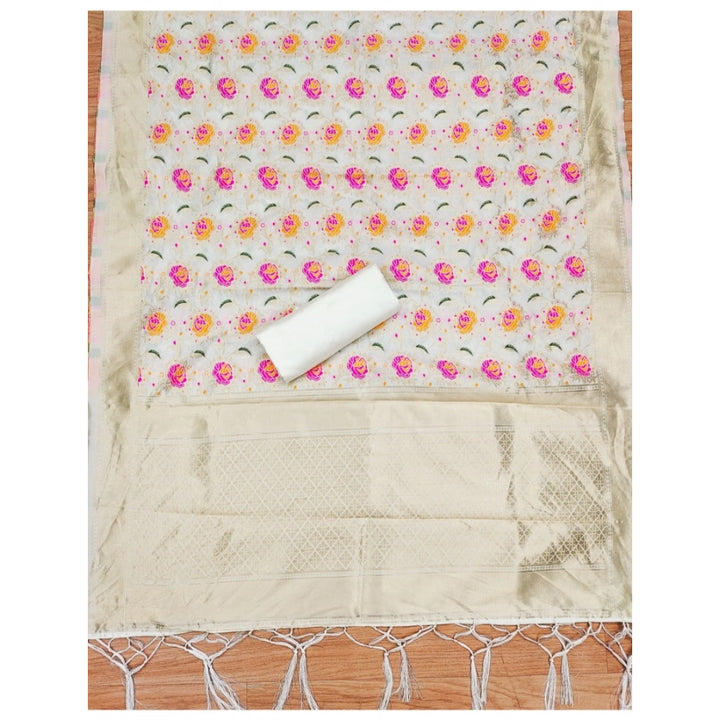 Generic Women's Banarasi Silk Printed Unstitched Salwar Suit Material With Dupatta (White, 3Mtrs)