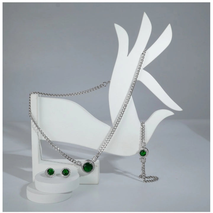 Generic Women's Stainless Steel Green Color Silver Chain Western Combo Jewelry (Silver Plated)