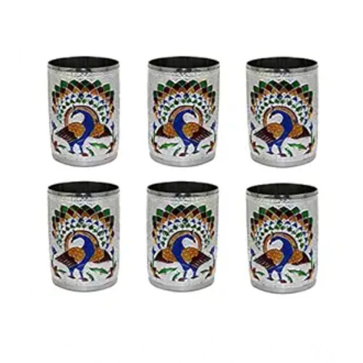 Generic Steel Meenakari Peacock Design Decorative Glass Set (Silver)