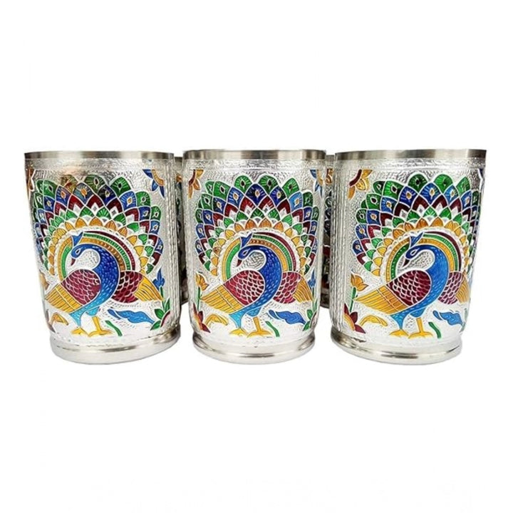Generic Steel Meenakari Peacock Design Decorative Glass Set (Silver)