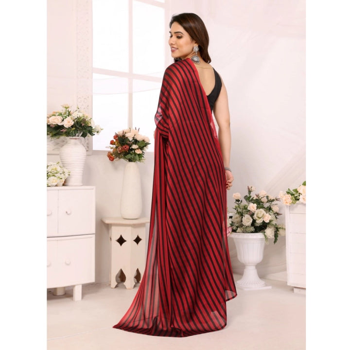 Generic Women's  Black Berry Striped Ready-to-Wear Saree With Unstitched Blouse 5.5 Mtr (Red-Black)