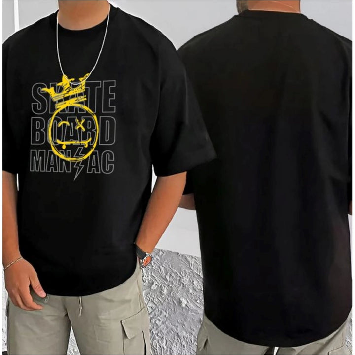 Generic Men's Casual Cotton Blend Printed Round Neck Half Sleeve T-Shirt (Black)