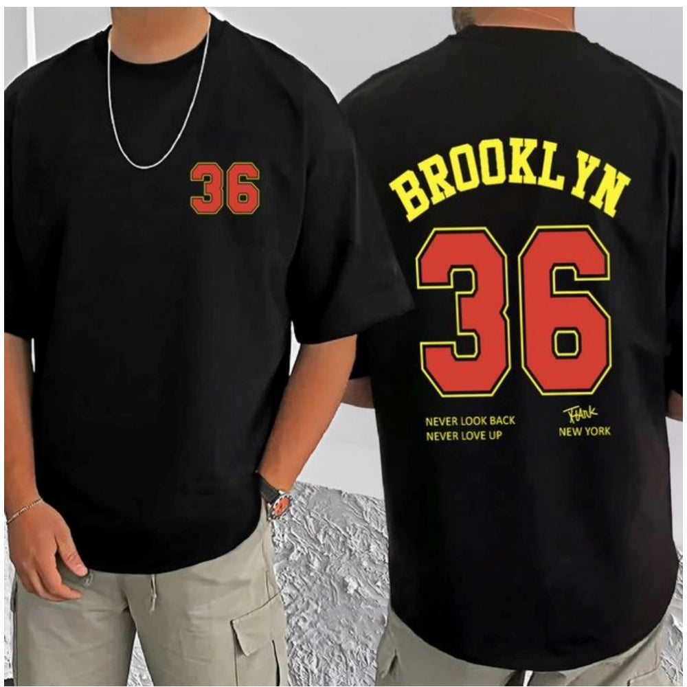 Generic Men's Casual Cotton Blend Printed Round Neck Half Sleeve T-Shirt (Black)