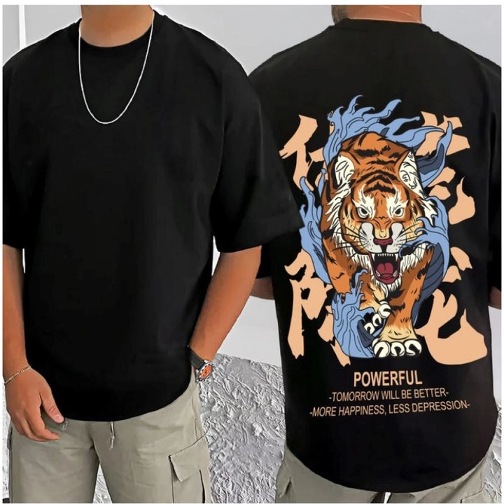 Generic Men's Casual Cotton Blend Printed Round Neck Half Sleeve T-Shirt (Black)