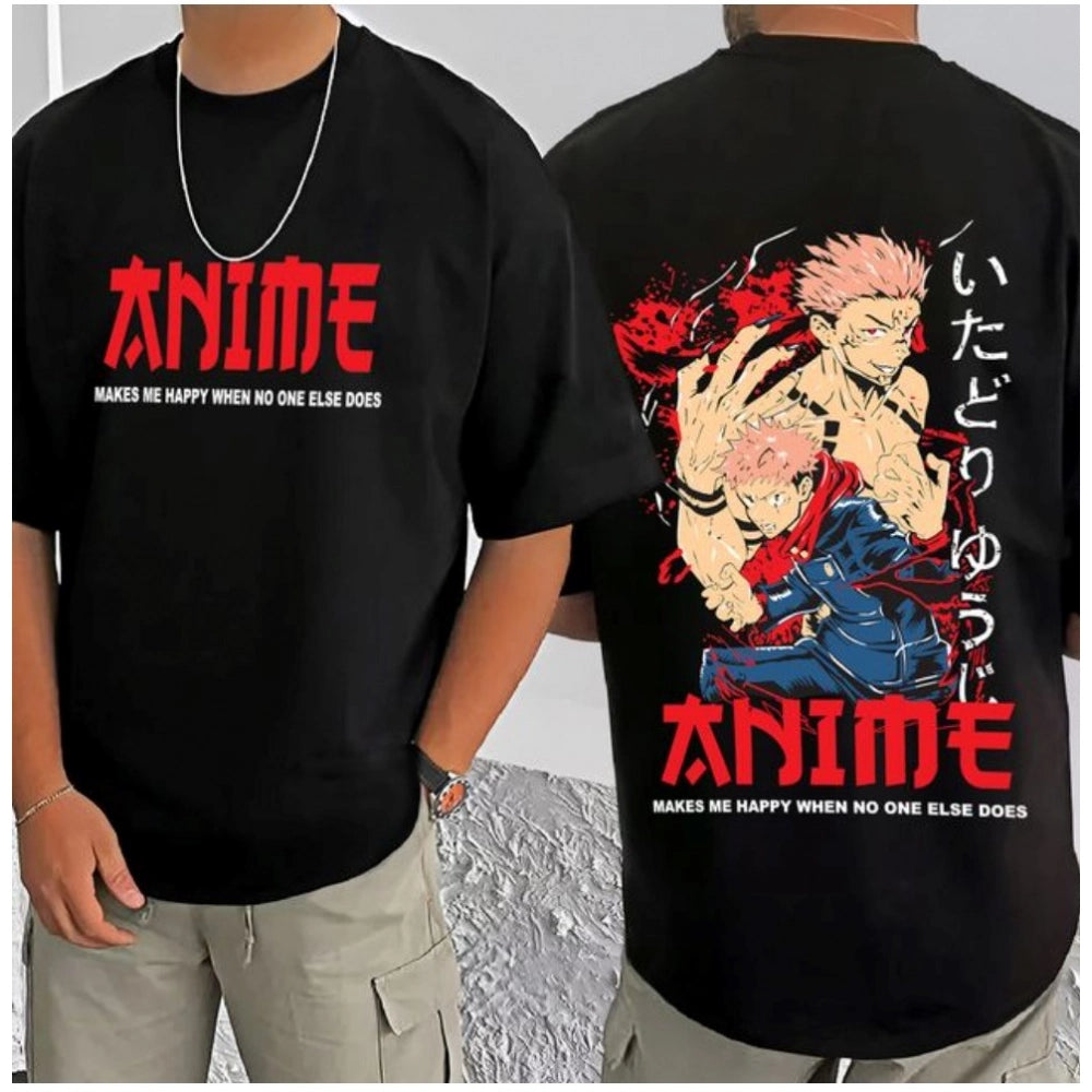 Generic Men's Casual Cotton Blend Printed Round Neck Half Sleeve T-Shirt (Black)