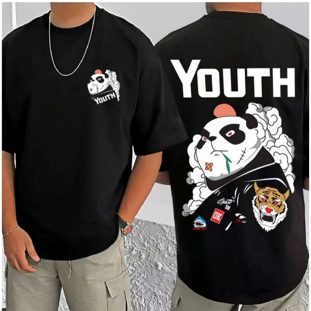 Generic Men's Casual Cotton Blend Printed Round Neck Half Sleeve T-Shirt (Black)