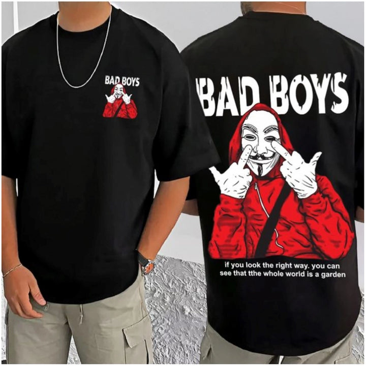 Generic Men's Casual Cotton Blend Printed Round Neck Half Sleeve T-Shirt (Black)