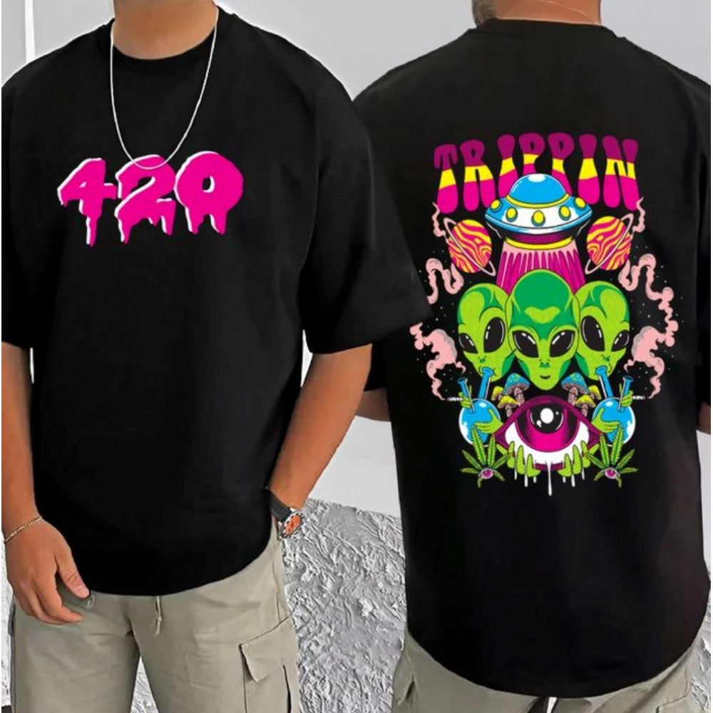 Generic Men's Casual Cotton Blend Printed Round Neck Half Sleeve T-Shirt (Black)