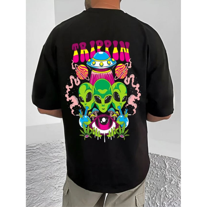 Generic Men's Casual Cotton Blend Printed Round Neck Half Sleeve T-Shirt (Black)