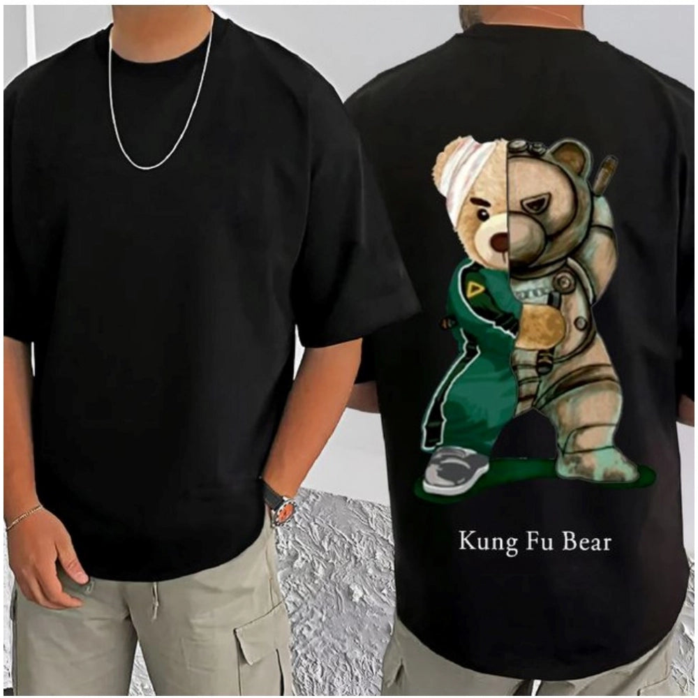 Generic Men's Casual Cotton Blend Printed Round Neck Half Sleeve T-Shirt (Black)