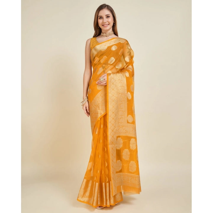 Generic Women's Soft Organza Silk Weaving Design Saree With Unstitched Blouse 5.5Mtr (Yellow)