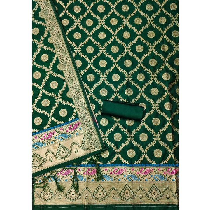 Generic Women's Banarasi Silk Printed Unstitched Salwar Suit Material With Dupatta (Bottle Green, 3Mtrs)
