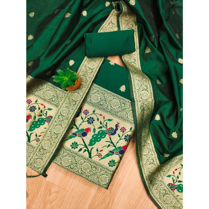 Generic Women's Banarasi Silk Printed Unstitched Salwar Suit Material With Dupatta (Bottle Green, 3Mtrs)