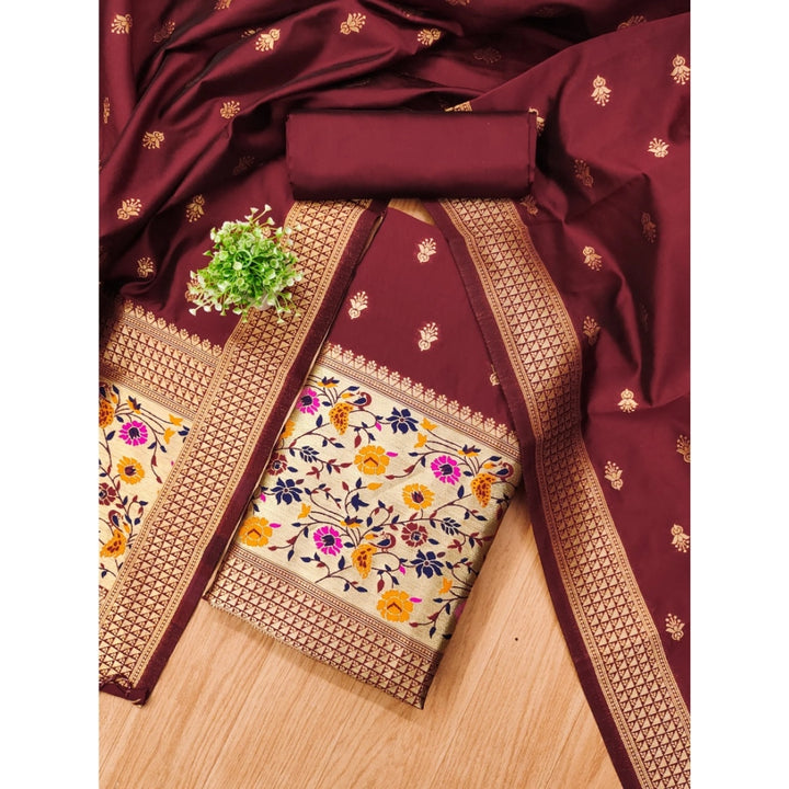 Generic Women's Banarasi Silk Printed Unstitched Salwar Suit Material With Dupatta (Maroon, 3Mtrs)
