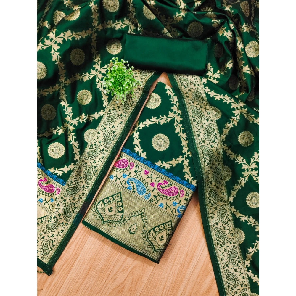 Generic Women's Banarasi Silk Printed Unstitched Salwar Suit Material With Dupatta (Bottle Green, 3Mtrs)