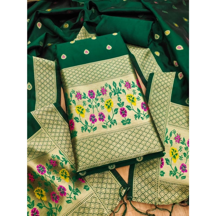 Generic Women's Banarasi Silk Printed Unstitched Salwar Suit Material With Dupatta (Bottle Green, 3Mtrs)