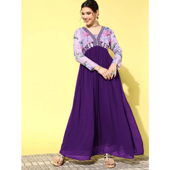 Generic Women's Georgette Embroidery 3-4th Sleeve V-Neck Kurti (Purple)