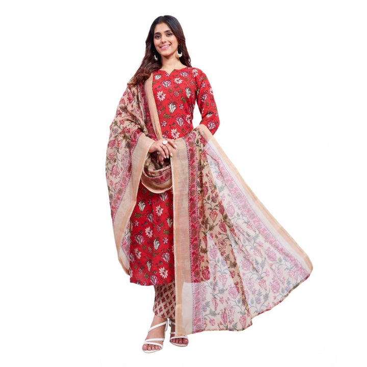 Generic Women's Cotton Blend Printed Kurti With Pant Dupatta Set (Red)