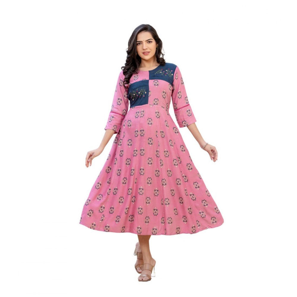 Generic Women's Rayon  Print With Embroidery Work A-Line Kurti (Wine)