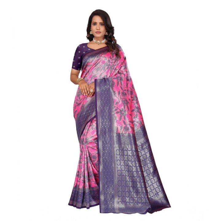 Generic Women's Banarasi Silk Jaquard Woven Saree With Unstitched Blouse 5.5Mtr (Pink)