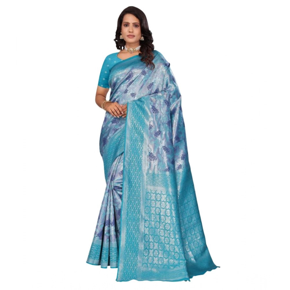 Generic Women's Banarasi Silk Jaquard Woven Saree With Unstitched Blouse 5.5Mtr (Light Blue)