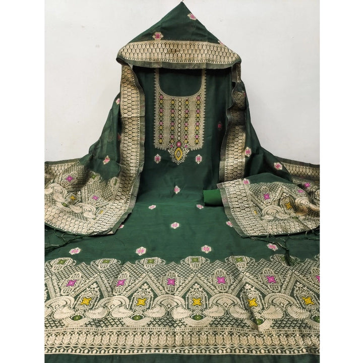 Generic Women's Banarasi Silk Printed Unstitched Salwar Suit Material With Dupatta (Bottle Green, 3Mtrs)