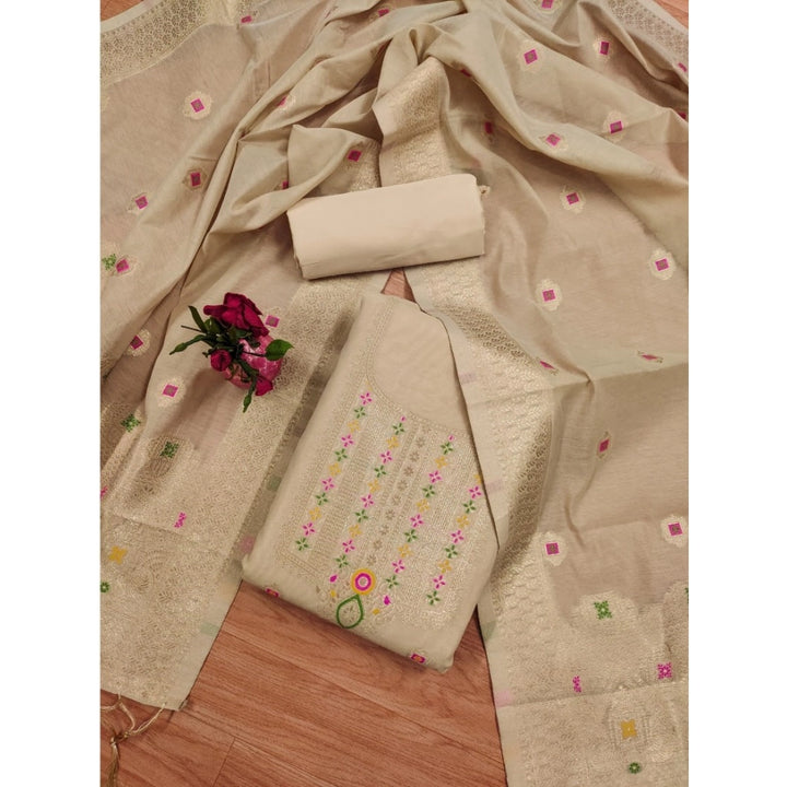 Generic Women's Banarasi Silk Printed Unstitched Salwar Suit Material With Dupatta (Cream, 3Mtrs)