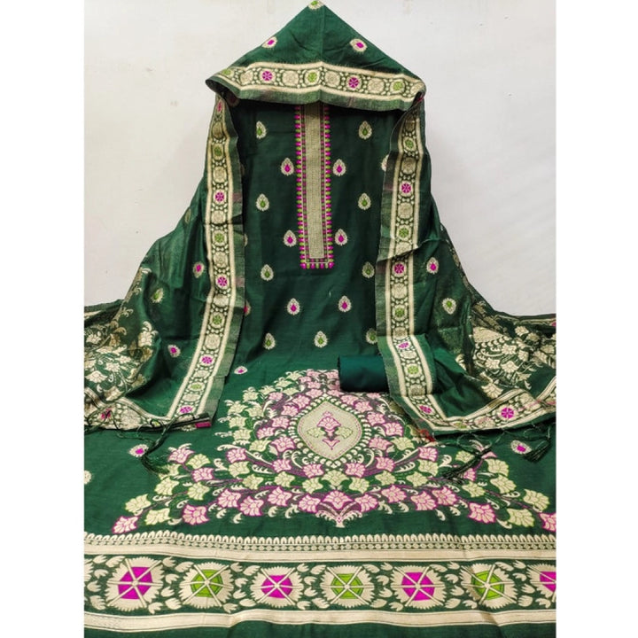 Generic Women's Banarasi Silk Printed Unstitched Salwar Suit Material With Dupatta (Bottle Green, 3Mtrs)