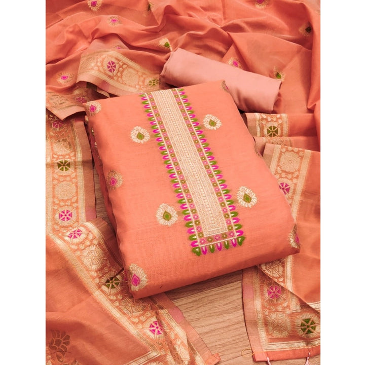 Generic Women's Banarasi Silk Printed Unstitched Salwar Suit Material With Dupatta (Peach, 3Mtrs)