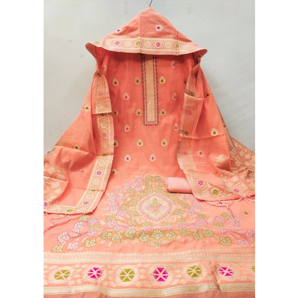 Generic Women's Banarasi Silk Printed Unstitched Salwar Suit Material With Dupatta (Peach, 3Mtrs)