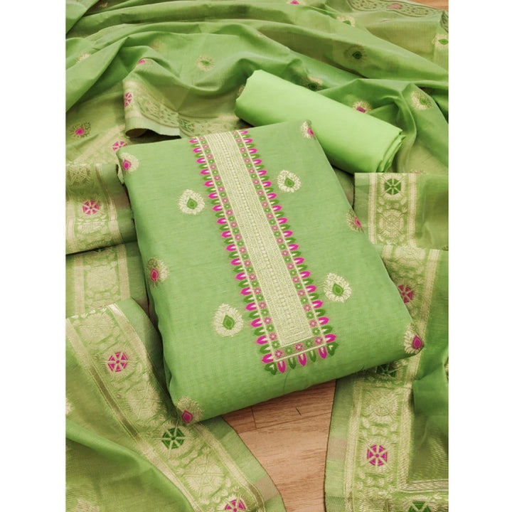 Generic Women's Banarasi Silk Printed Unstitched Salwar Suit Material With Dupatta (Pista, 3Mtrs)