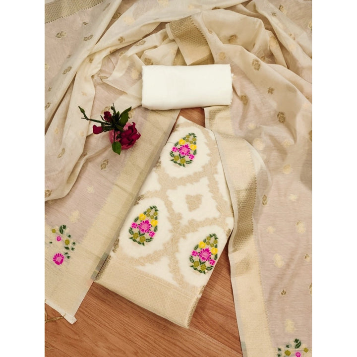 Generic Women's Banarasi Silk Printed Unstitched Salwar Suit Material With Dupatta (White, 3Mtrs)
